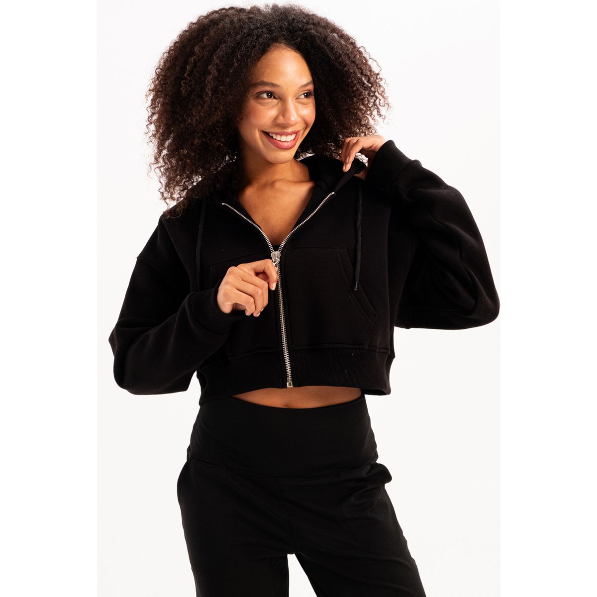 Cropped Zip-Hoodie mit Kängurutasche