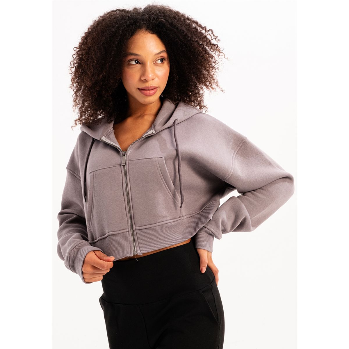Kurzer Zip-Hoodie mit Rippenbund