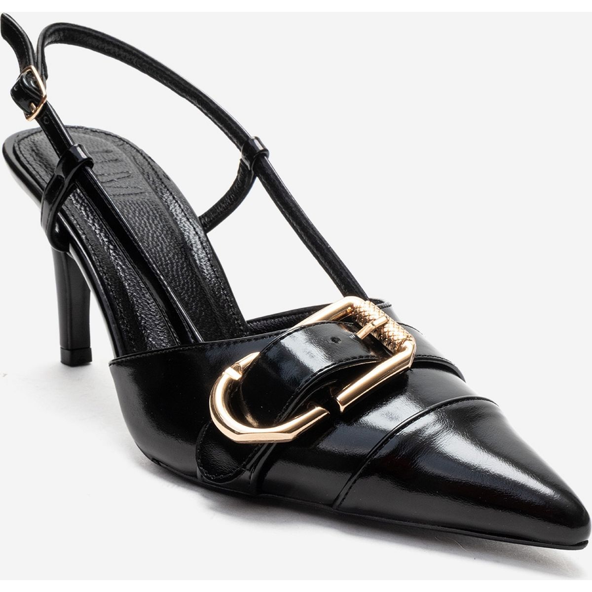 Slingpumps mit skulpturaler Schnalle und Spitze