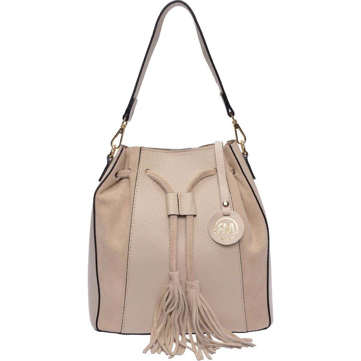 Beuteltasche aus genarbtem Leder mit Quasten