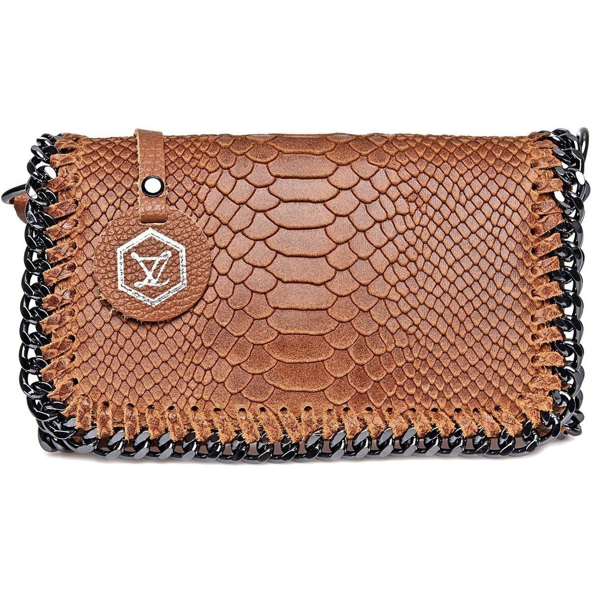 Leder-Clutch mit Schlangenprägung und Kette
