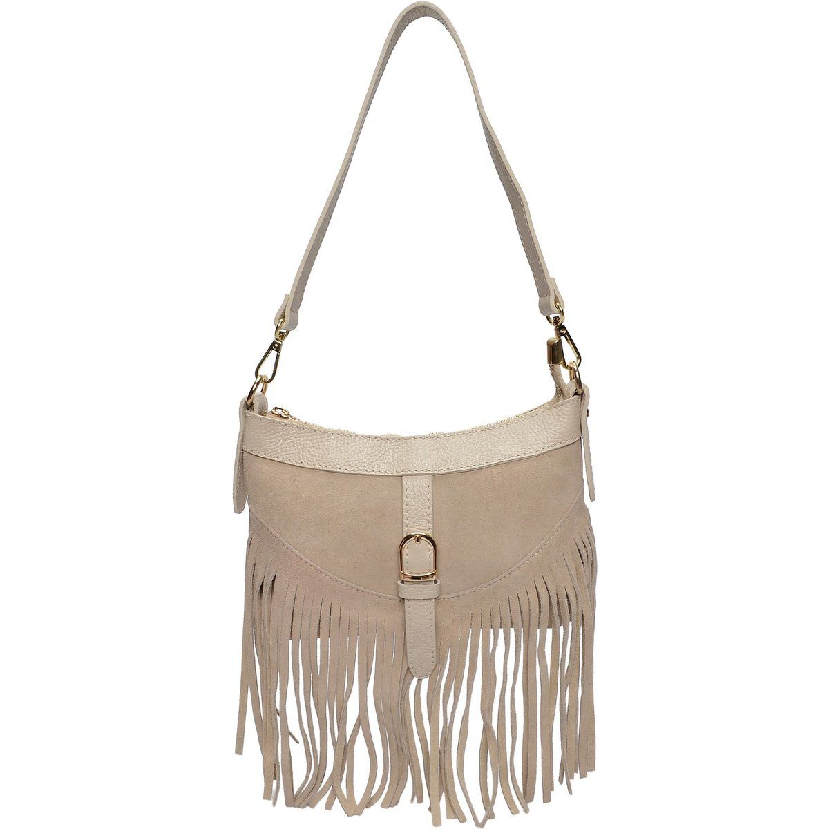 Wildleder-Schultertasche mit Fransen und Schnalle