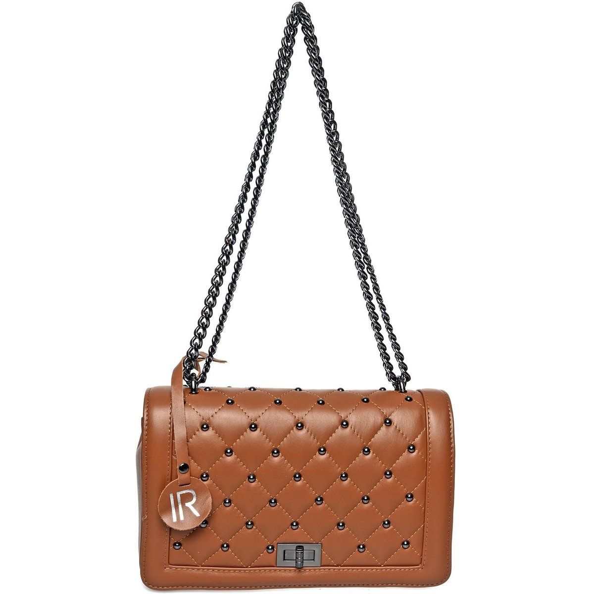 Gesteppte Leder-Überschlagtasche mit Nieten