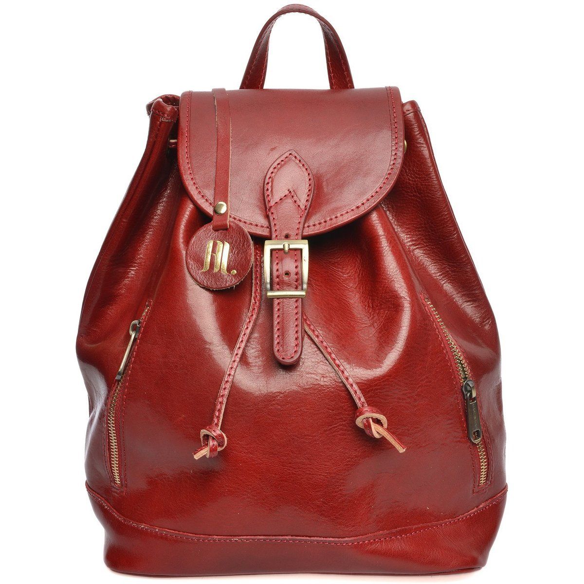 Glänzender roter Lederrucksack mit Überschlag