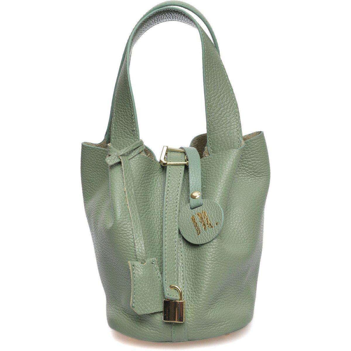 Beuteltasche aus genarbtem Leder mit Vorhängeschloss