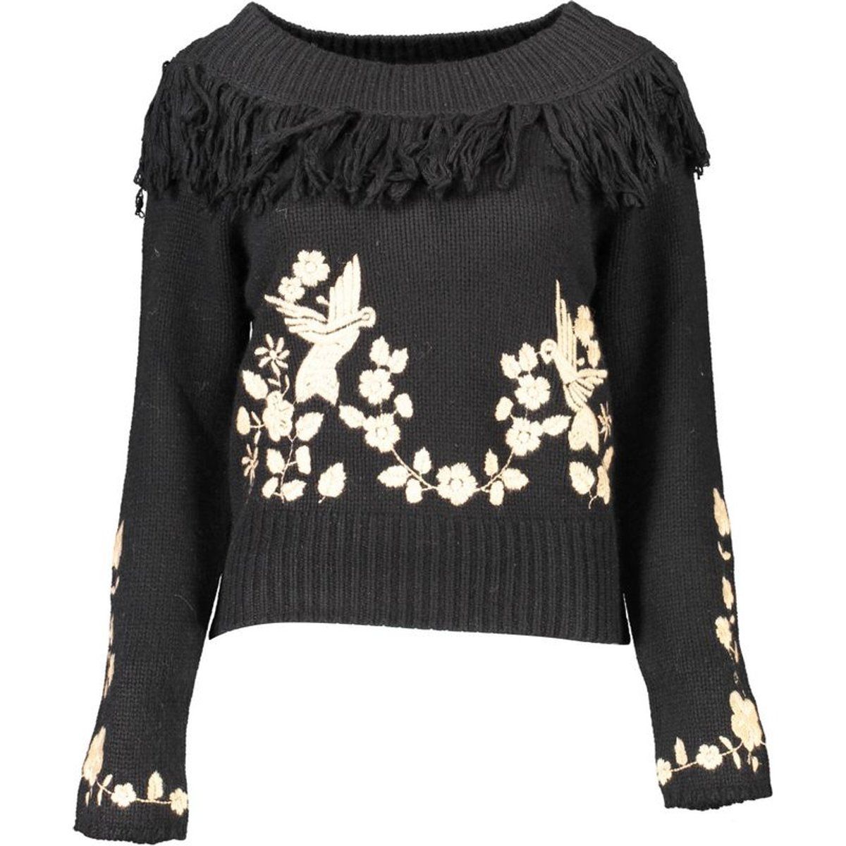 Bestickter Pullover mit Fransensaum-Ausschnitt