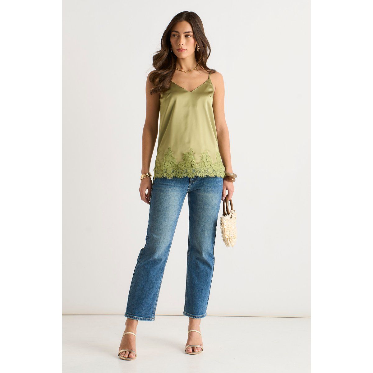Satin-Top mit Spitzenbesatz