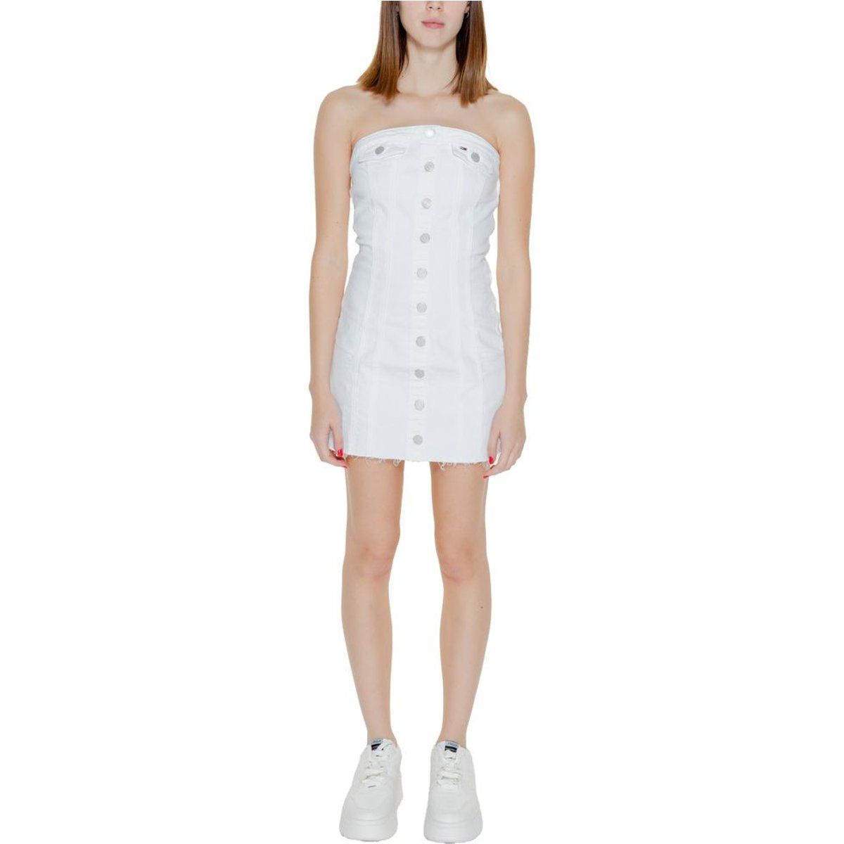 Trägerloses Denim-Minikleid mit Knopfleiste