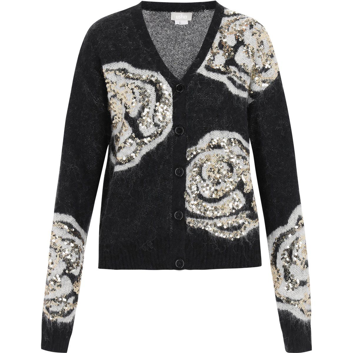 Strickjacke mit Rosenmuster und Pailletten