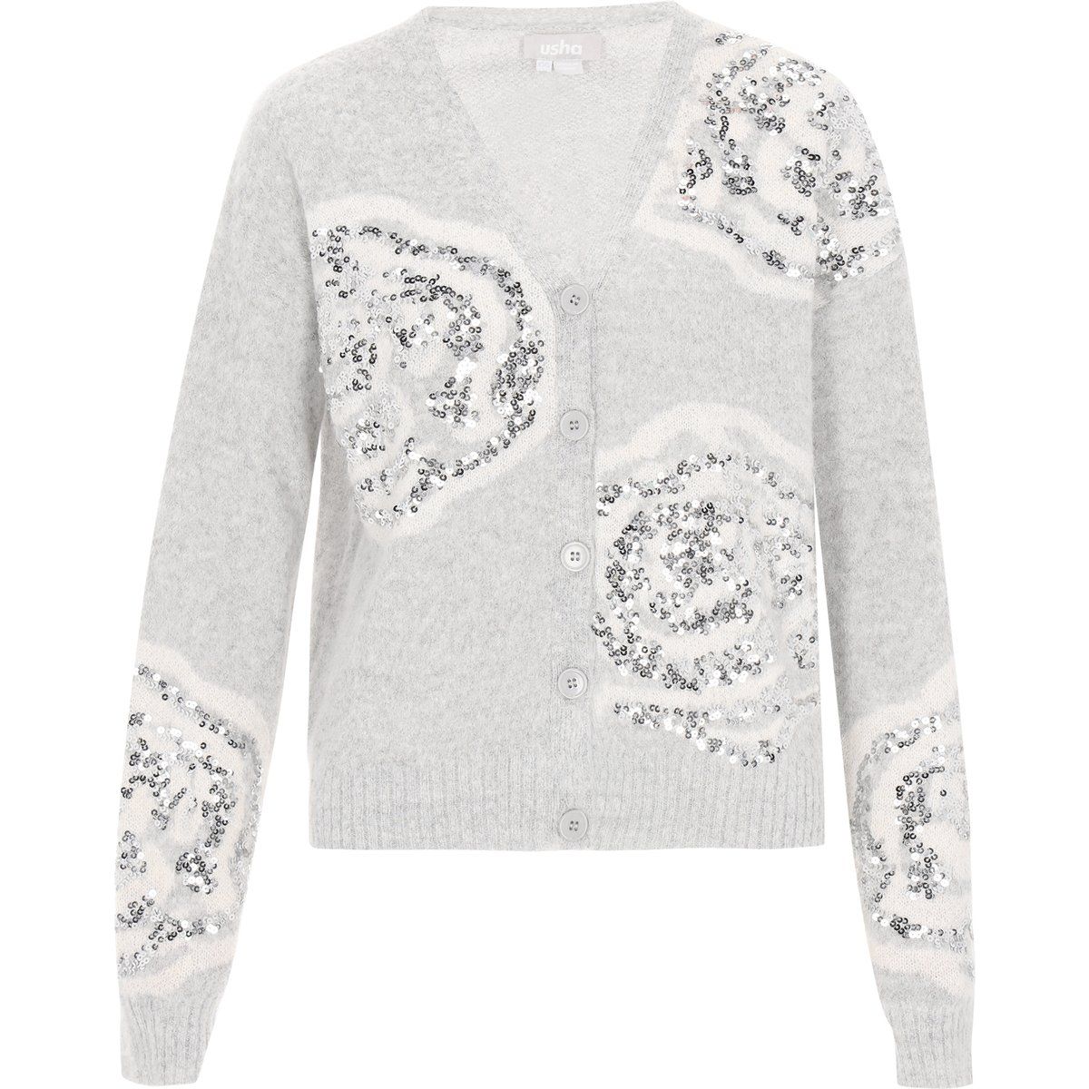 V-Ausschnitt Strickjacke mit Paillettenblumen