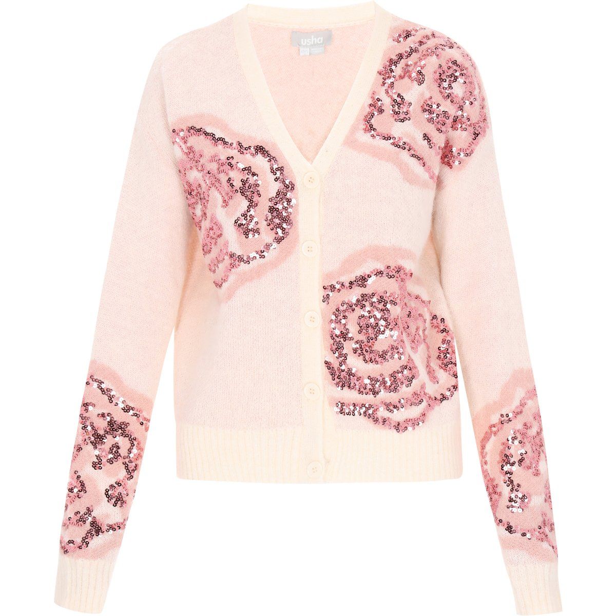 Strickjacke mit Pailletten-Rosenmuster