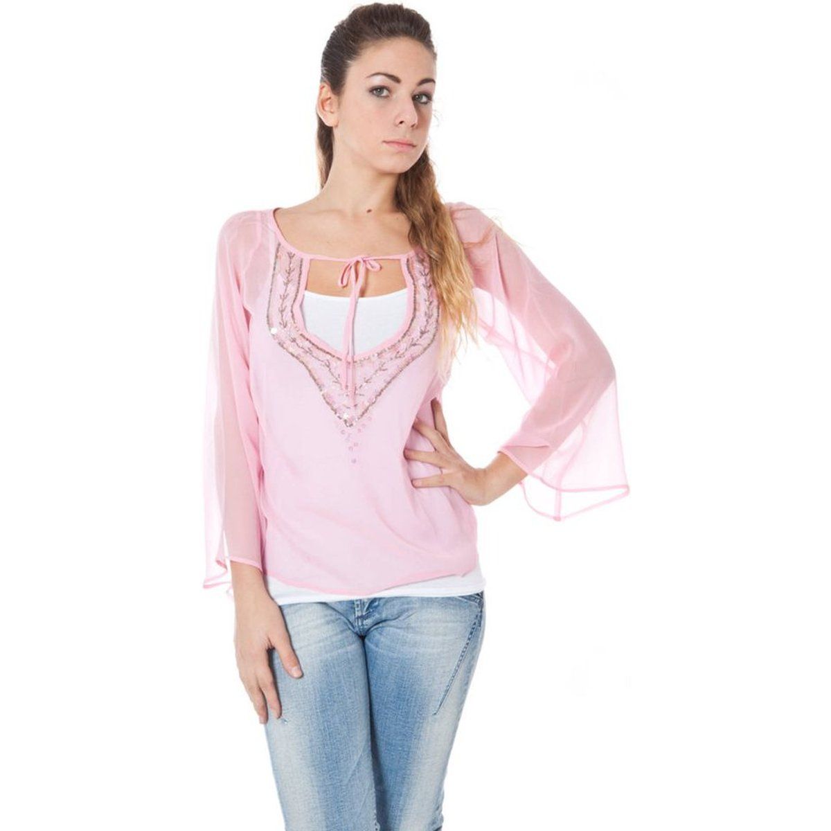 Verzierte Seidenbluse mit Glockenärmeln