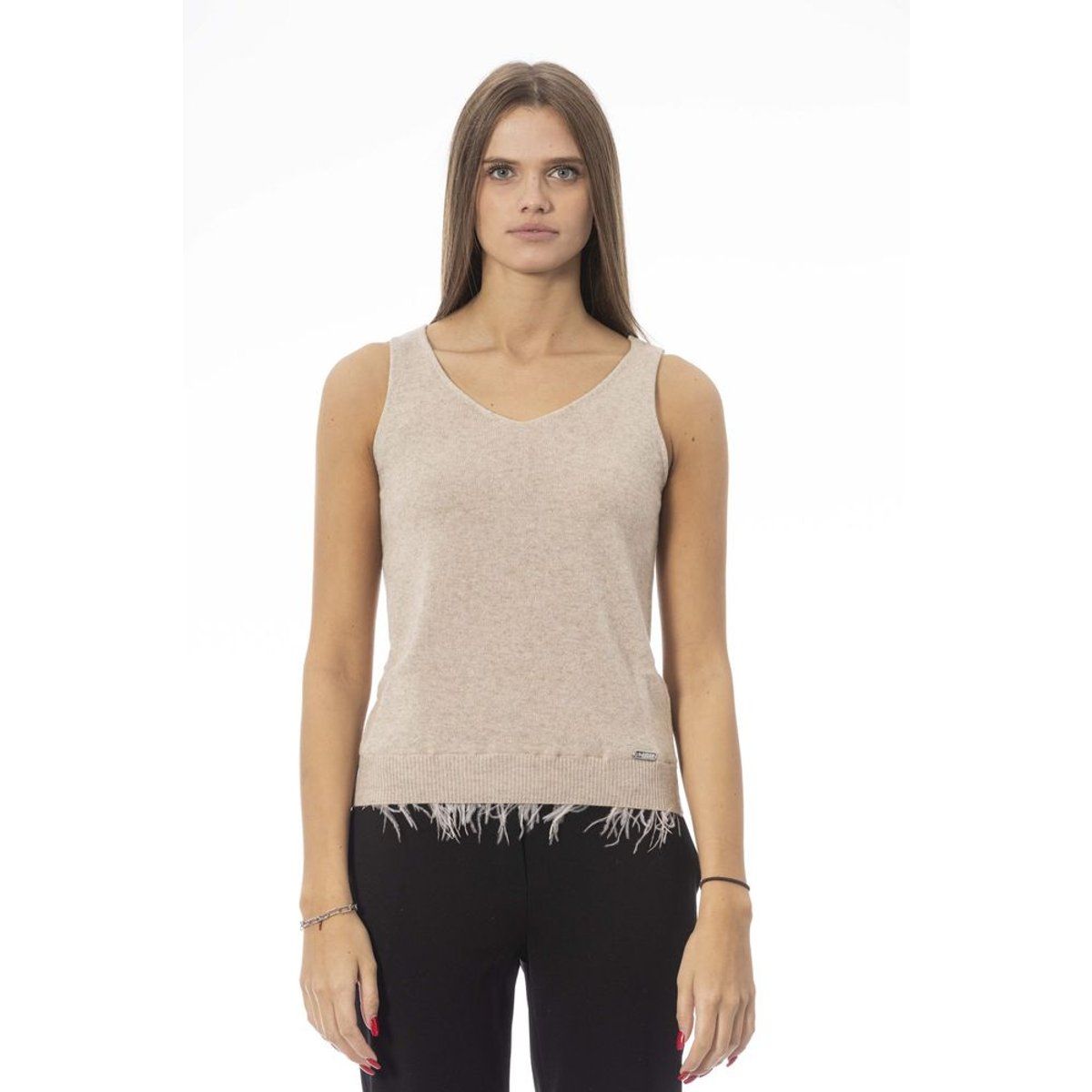 V-Ausschnitt Stricktop mit Federsaum