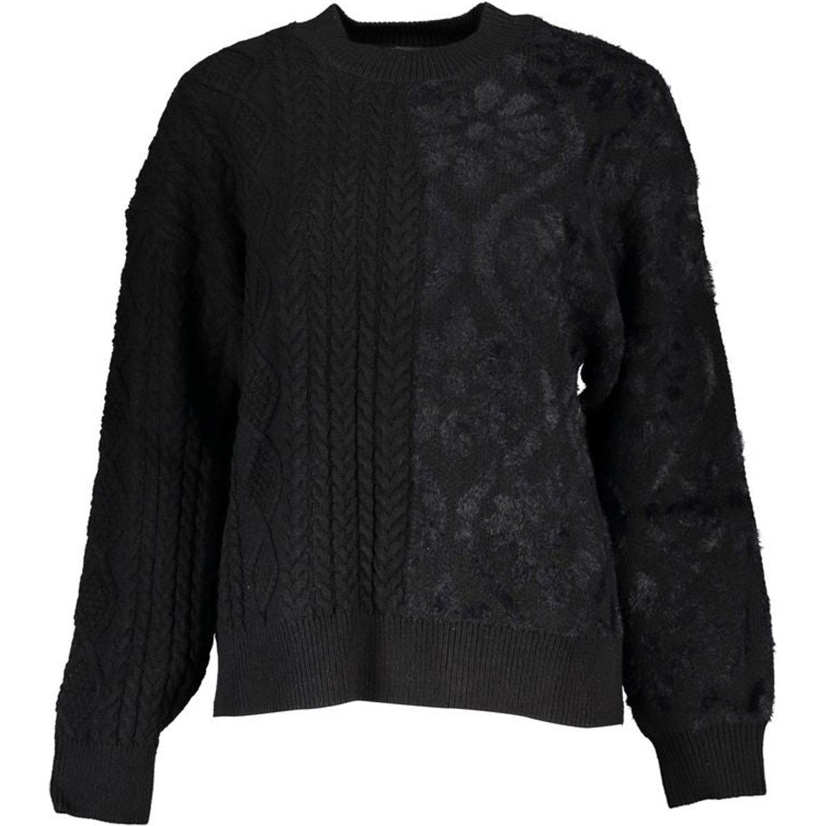Pullover mit Zopfmuster und Materialmix