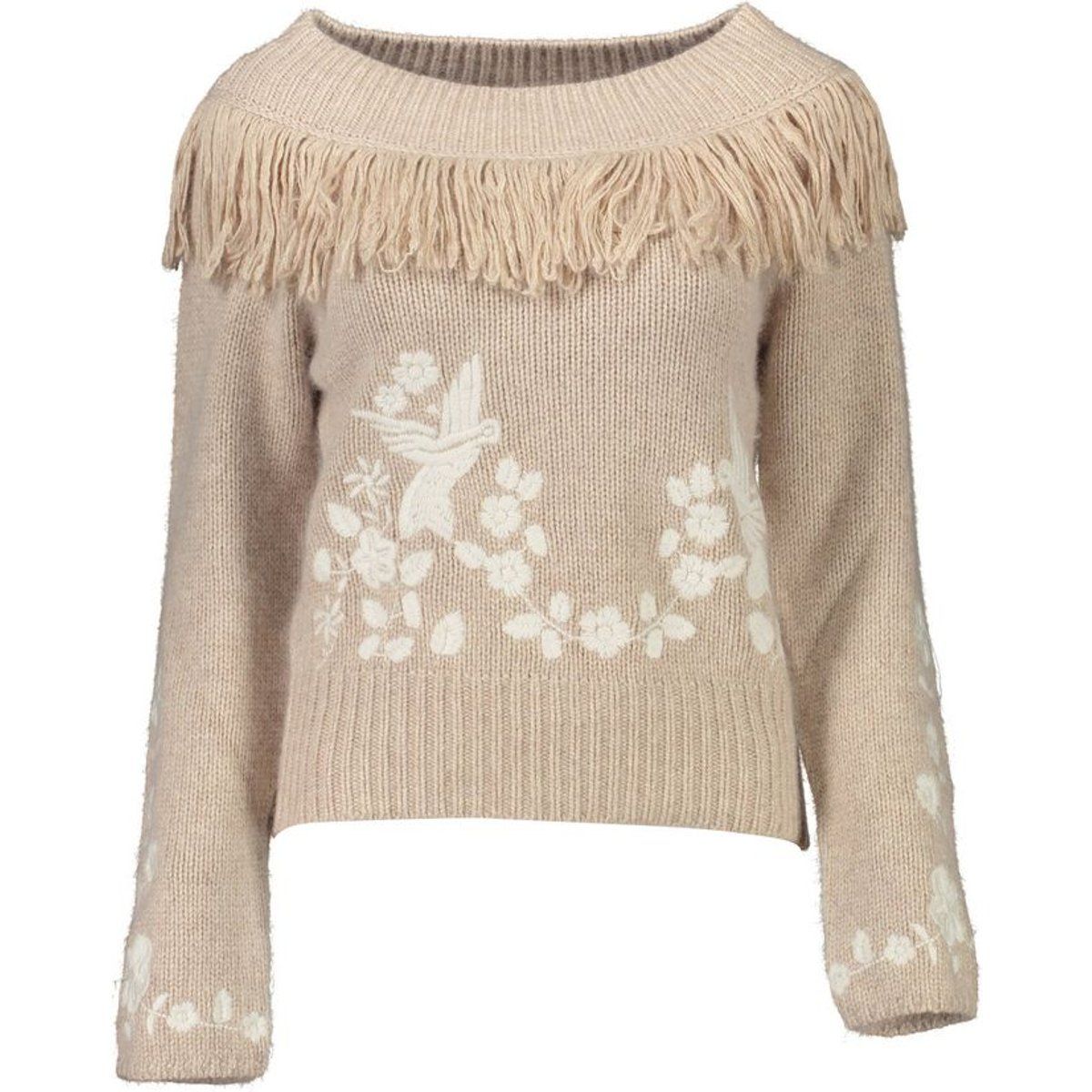 Fransenpullover mit Stickerei und Vögeln