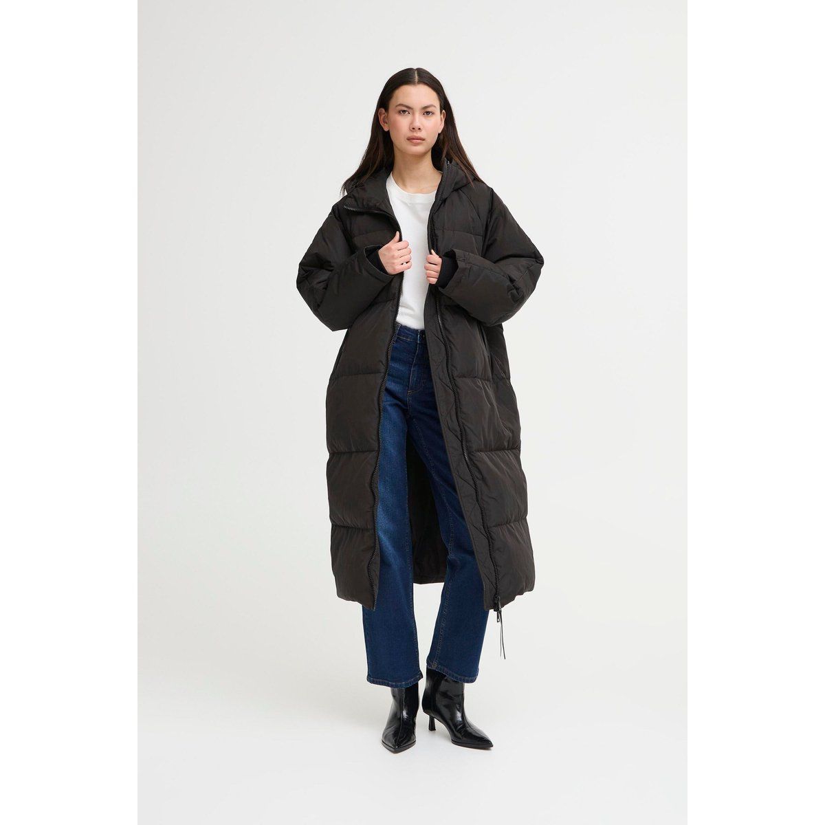 Langer Oversize-Steppmantel mit Kapuze