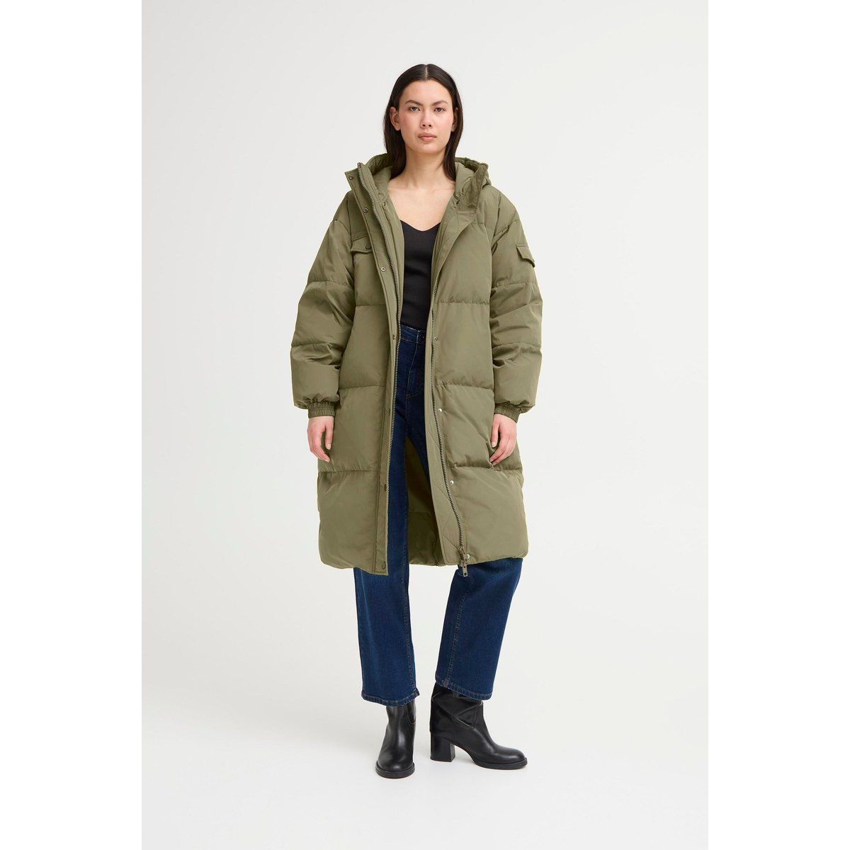 Langer gesteppter Kapuzen-Puffer-Mantel