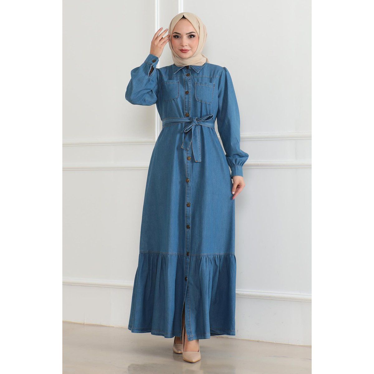 Denim-Maxikleid mit Rüschensaum