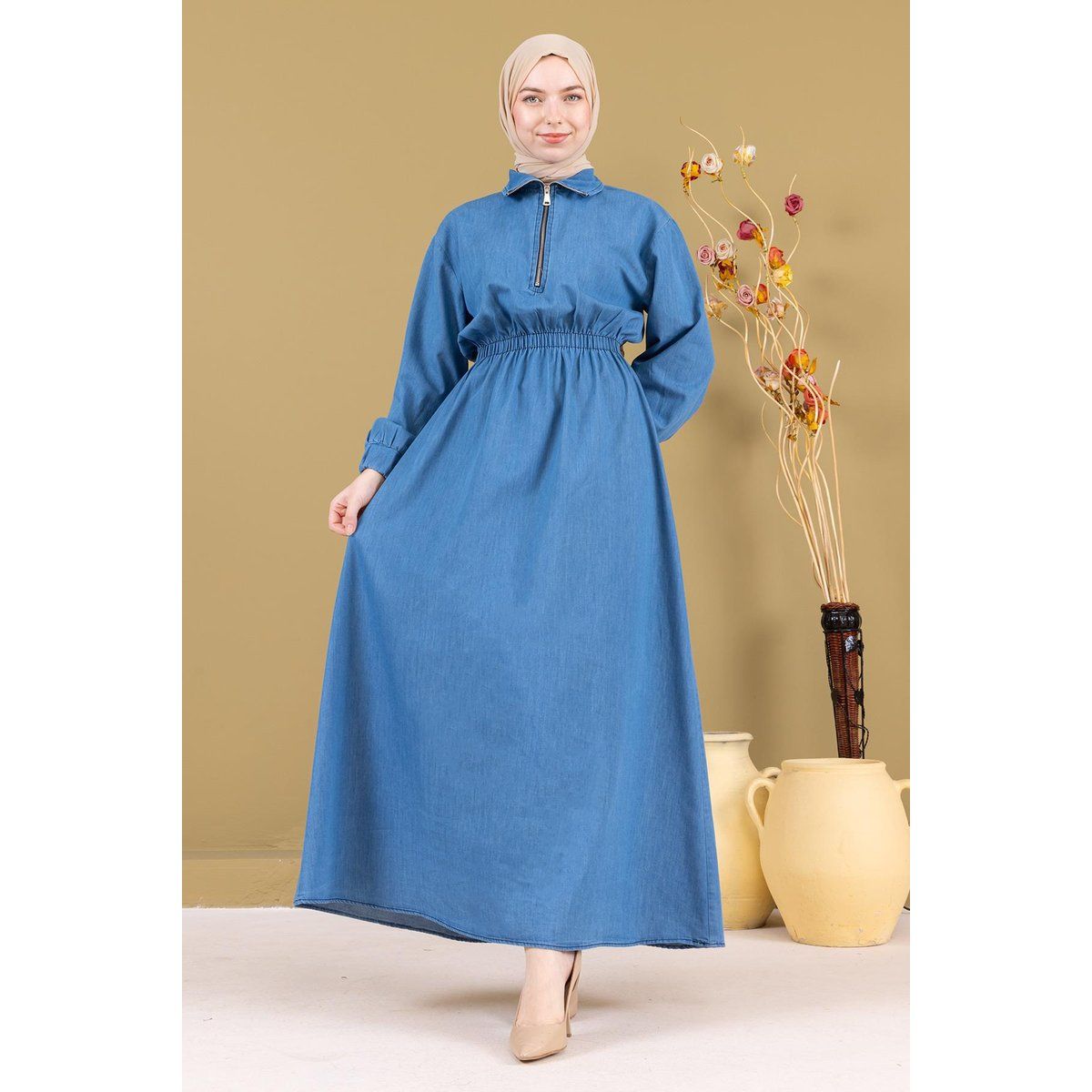 Denim-Maxikleid mit elastischem Bund