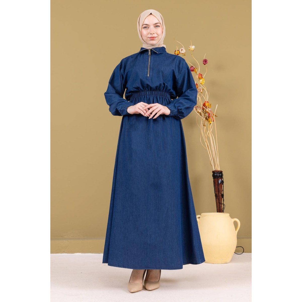 Maxikleid aus Denim mit Reißverschluss