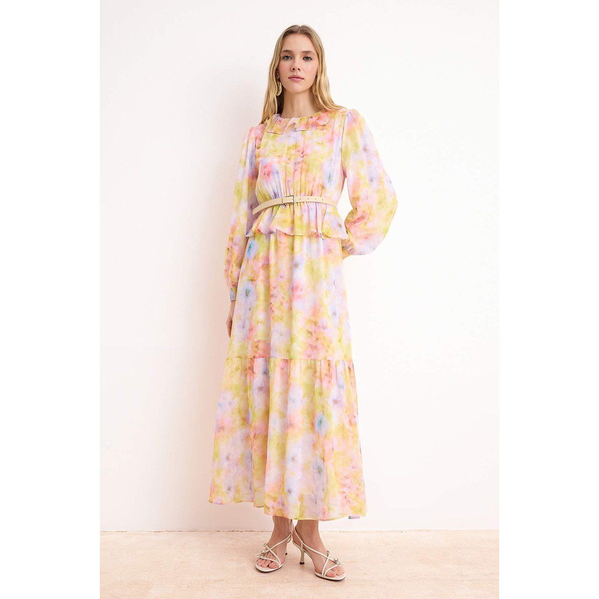 Fließendes Chiffon-Maxikleid mit Blumenmuster