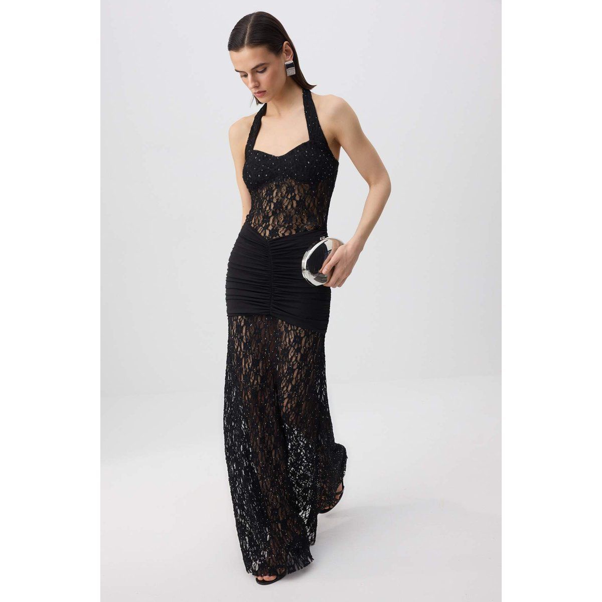 Pailletten-Maxikleid aus Spitze mit Neckholder