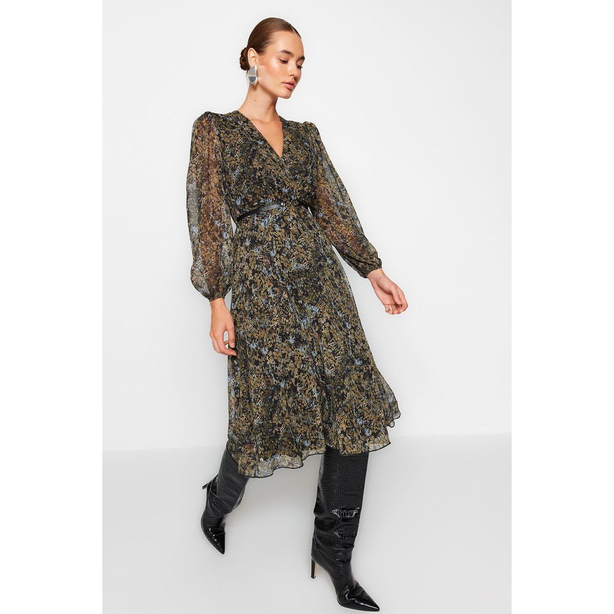 Midikleid mit V-Ausschnitt und Muster