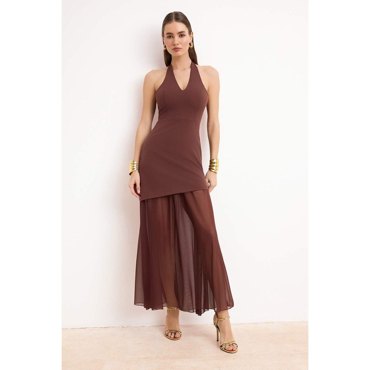 Lagen-Maxikleid mit Neckholder und transparentem Rock