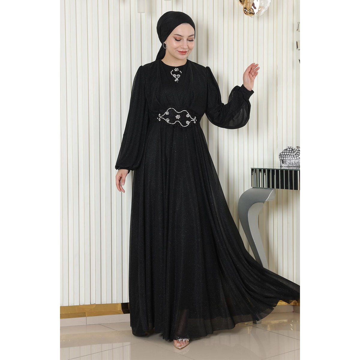 Glitzerndes Chiffon-Abendkleid mit Perlen