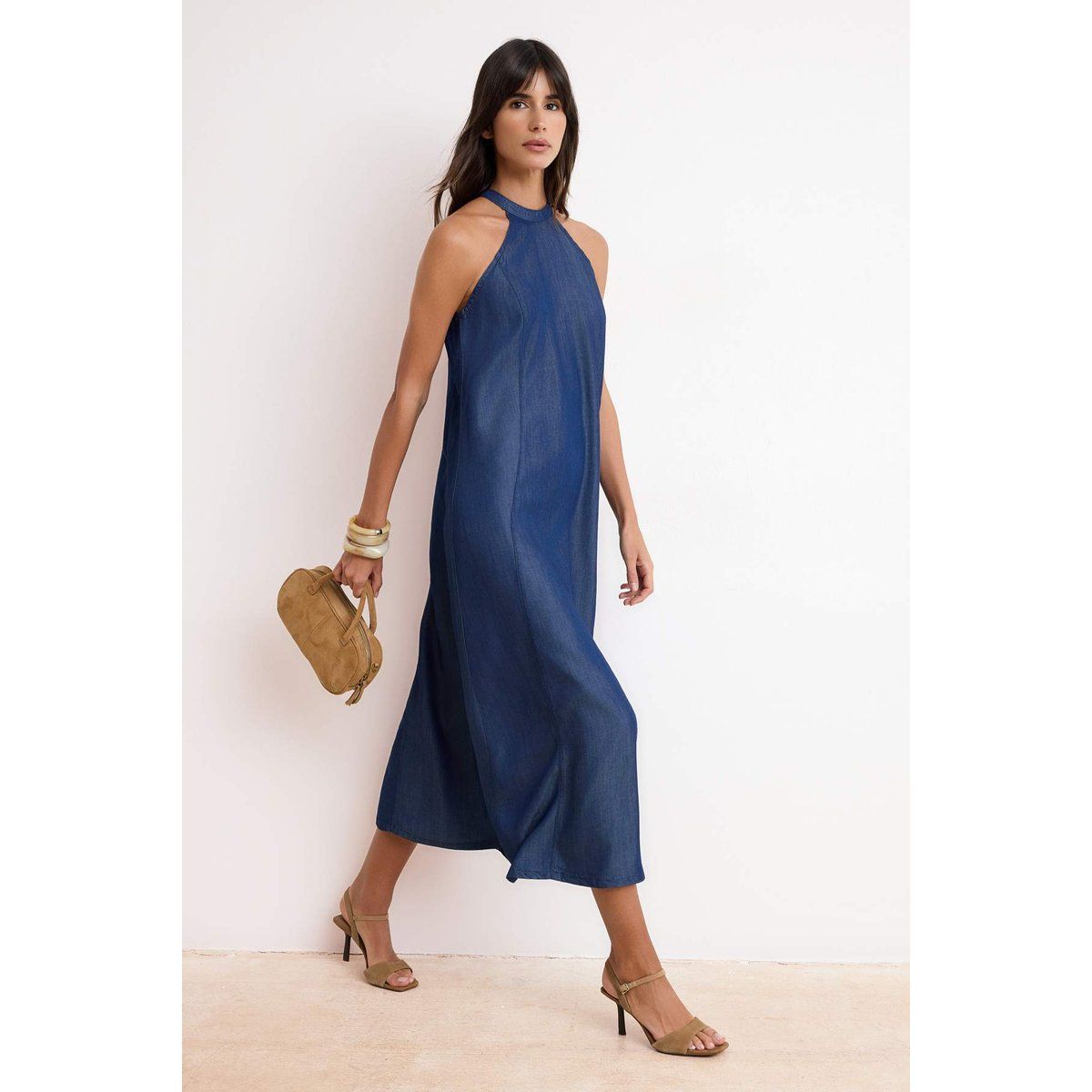 Denim-Maxikleid mit Neckholder