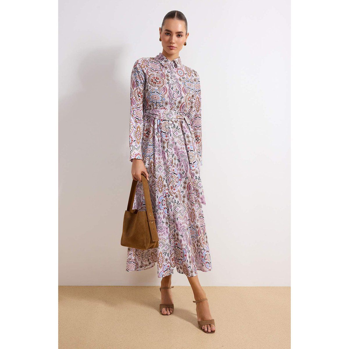 Bedrucktes A-Linien Hemd-Maxikleid