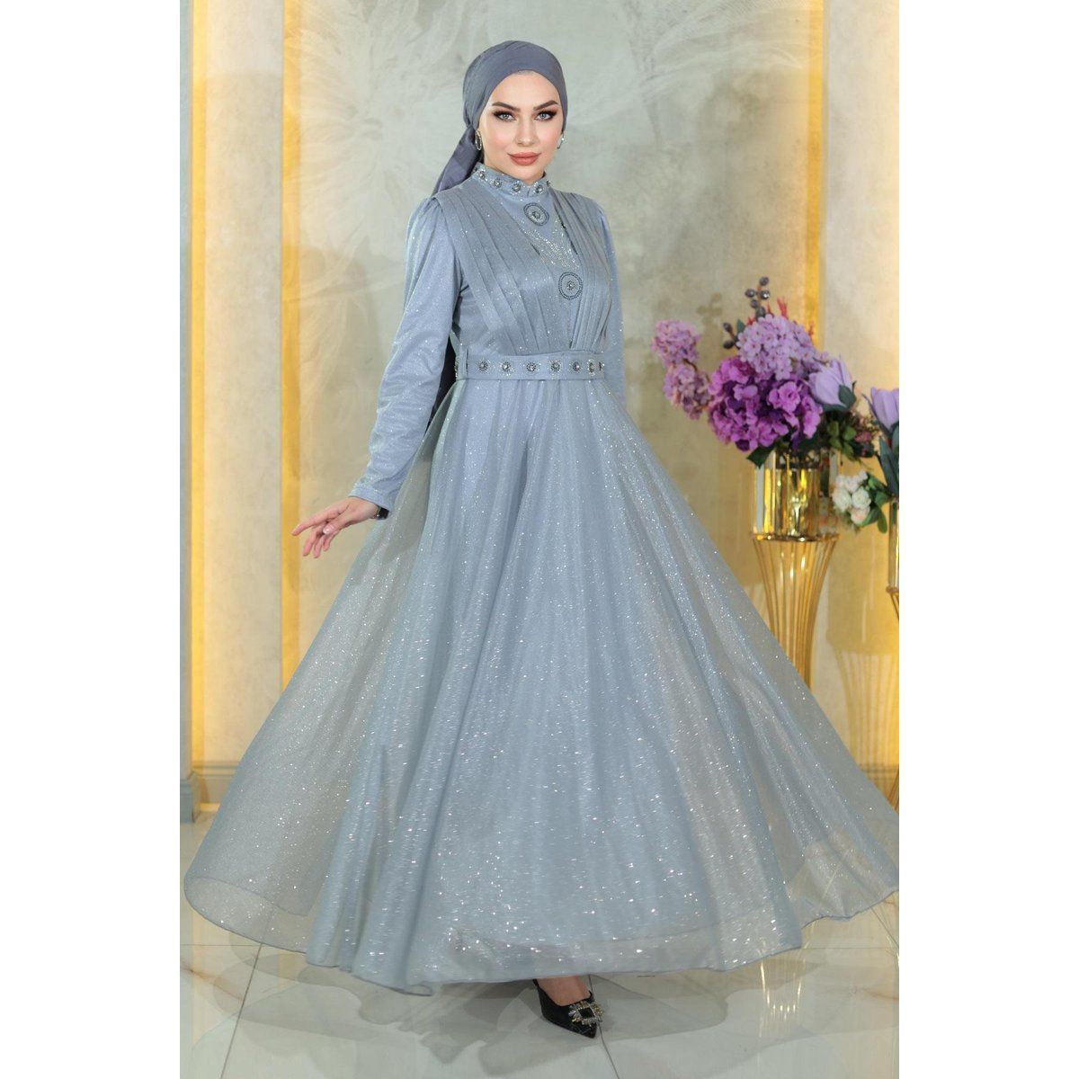 Glitzerndes Hijab-Abendkleid aus Chiffon