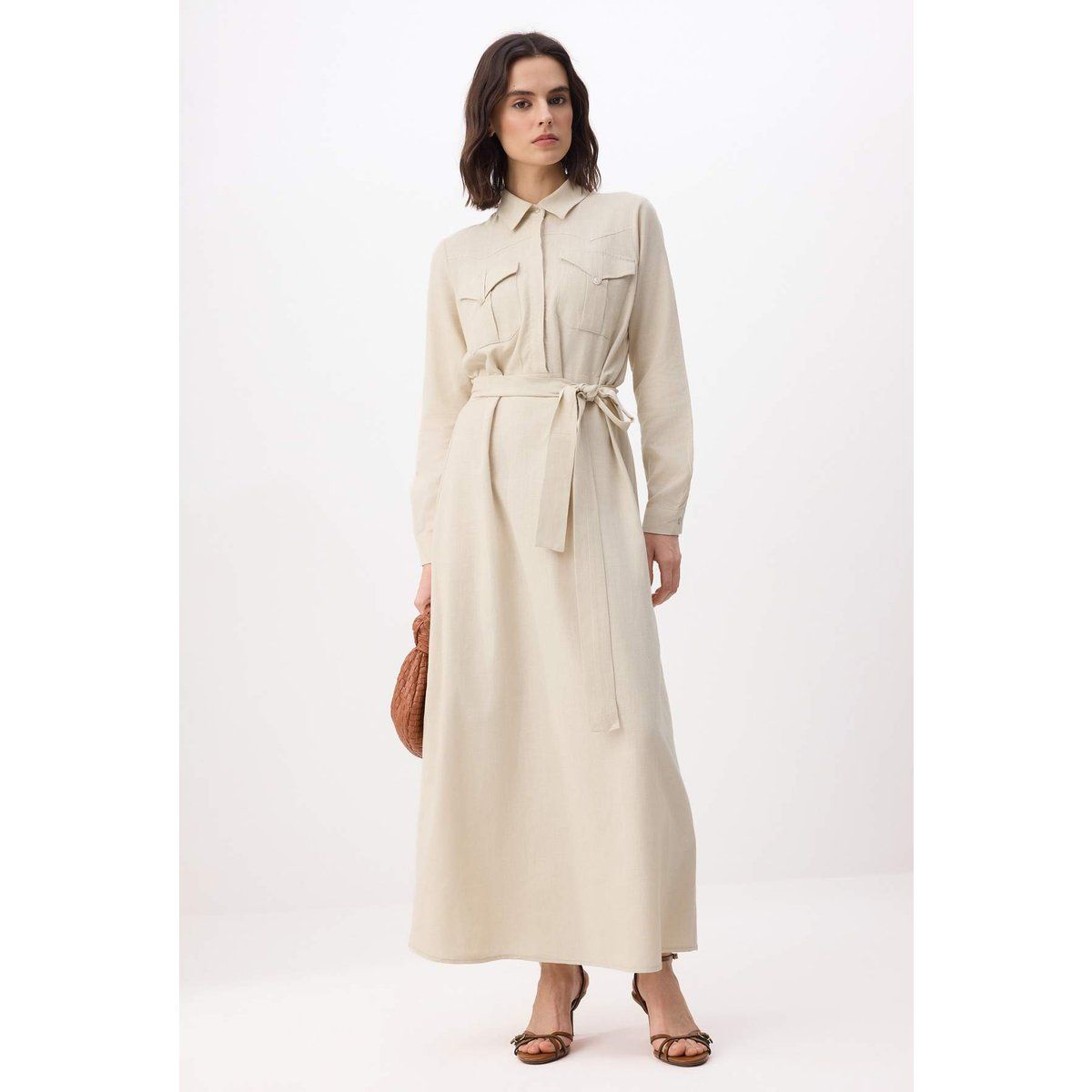 Langärmeliges Hemdkleid aus Leinenmischung