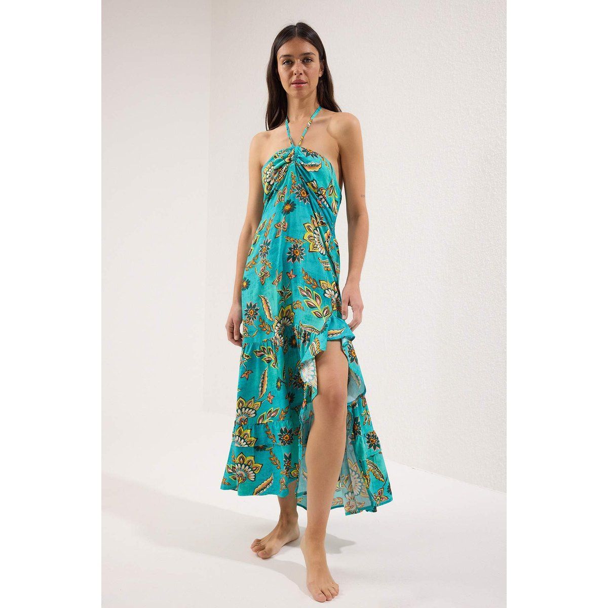 Fließendes Halter-Maxikleid mit Blumenmuster