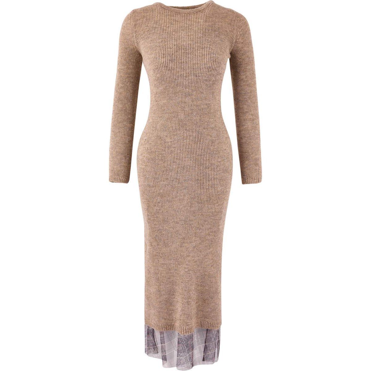 Geripptes Strick-Maxikleid mit Karosaum