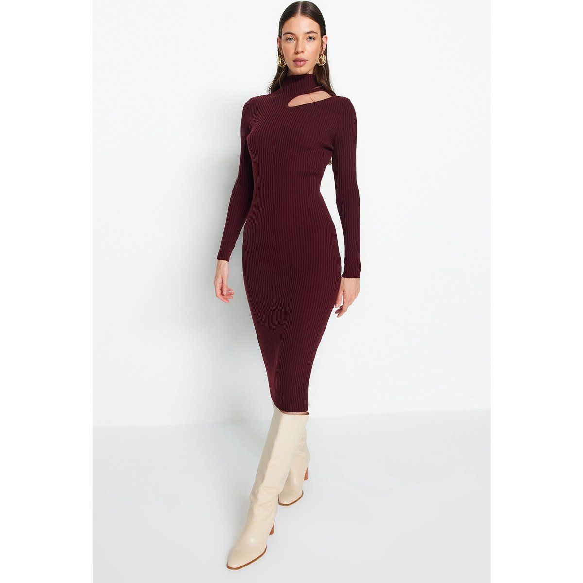 Rippstrick-Midikleid mit Schulter-Cut-out